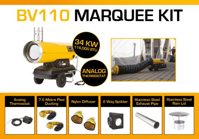 Master BV110DV 240 Volt Marquee Kit With 2 x 7.6 Meter Ducting, Analogue Thermostat & Accessories BV110MKP14
