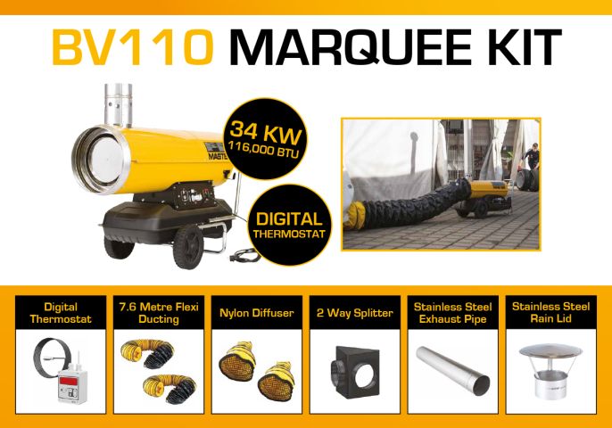 Master BV110DV 240 Volt Marquee Kit With 2 x 7.6 Meter Ducting, Digital Thermostat & Accessories BV110MKP14D