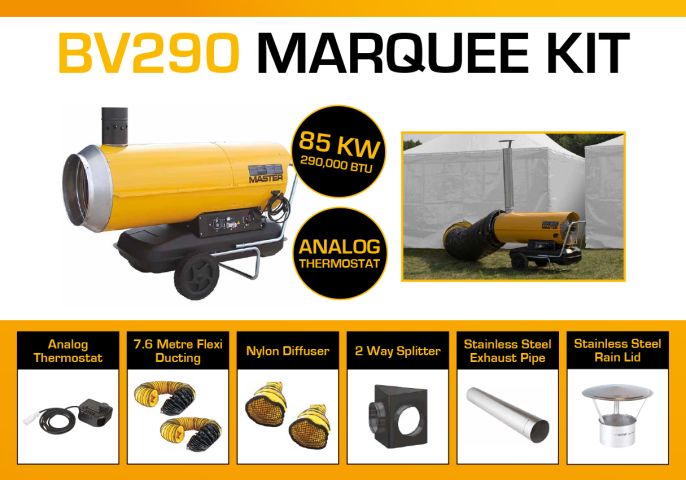 Master BV290DV Marquee Kit With 2 x 7.6 Metre Ducting, Analog Thermostat & Accessories BV290MKP10